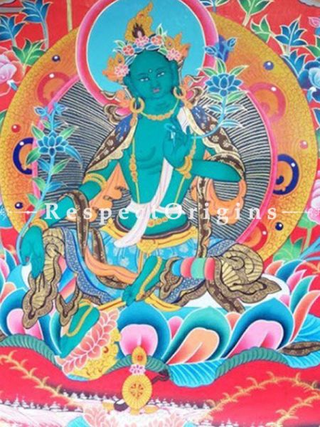 Vertical Thangka Painting of Green Tara -Dolma in 20X15 inches On Canvas; Buddhist Traditional Painting Wall Art; u602075863_New_db