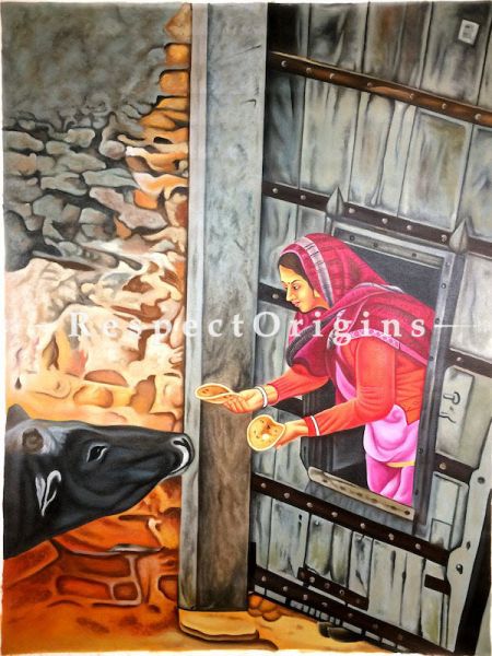 Buy Authentic Acrylic Painting On Canvas; Women and Cow 36 x 48 inches|u602075863_New_db