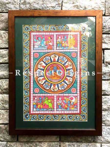 Set of Three Historical Pattachitra Painting On Paper of Lord Vishnu, Five Faced Lord Hanuman or Panchmukhi Anjaneya and Mythological Story of Lord Krishna; 18x12 in