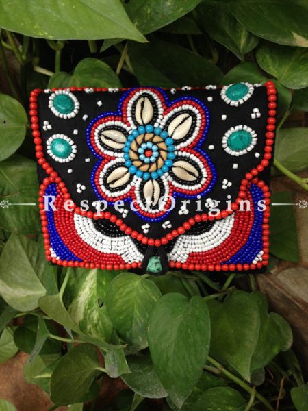 Buy Ladakhi Beaded Clutch; Red,Black,White and Blue with White shells ; Handmade Ethnic Clutch for Women and Girls at u602075863_New_db.com