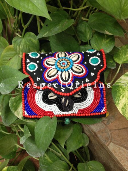 Buy Ladakhi Beaded Clutch; Red,Black,White and Blue with White shells ; Handmade Ethnic Clutch for Women and Girls at u602075863_New_db.com