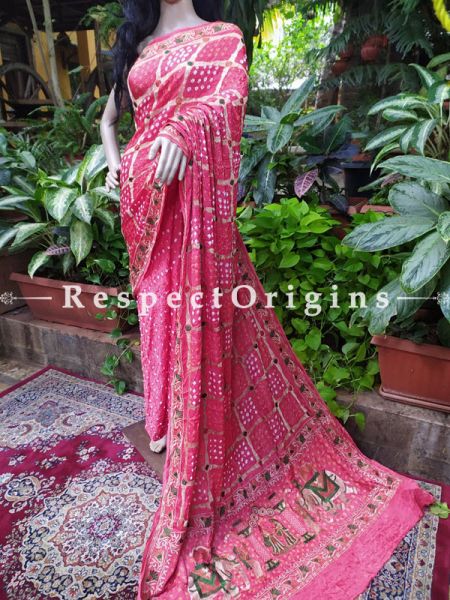 Handmade Gaji Silk Saree Bandhej; Red; with Running Blouse; com