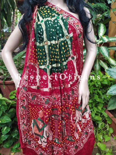 Red & Green Gaji Bandhej Handloom Silk Saree with Running Blouse; com