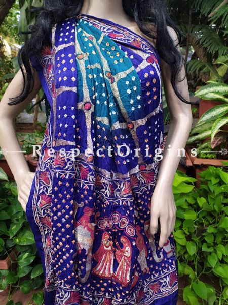 Green with Royal Blue Gaji Bandhej Handloom Silk Saree with Running Blouse; com