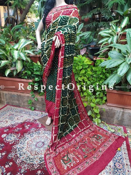 Red & Green Gaji Bandhej Handloom Silk Saree with Running Blouse; com