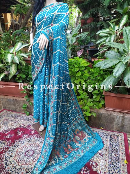 Gaji Silk Saree Bandhej; Blue; with Running Blouse; com