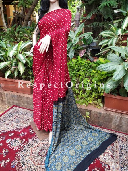 Red & Blue Bandhani Gajji Semi Silk Saree with Running Blouse ; com