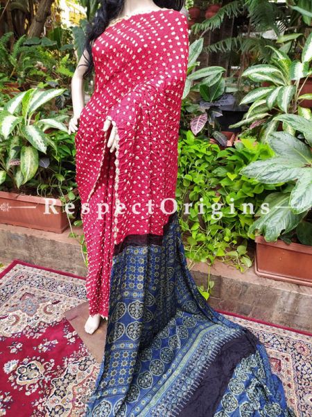 Bandhani Gajji Semi Silk Saree with Running Blouse in Red & Dark Blue; com