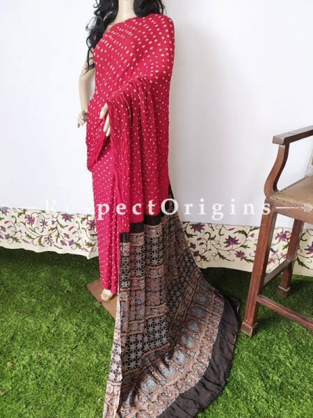 Bandhani Gajji Red & Beige Semi Silk Saree with Running Blouse ; com