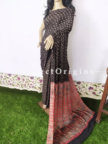 Bandhani Gajji Semi Silk Saree with Running Blouse in Black; com
