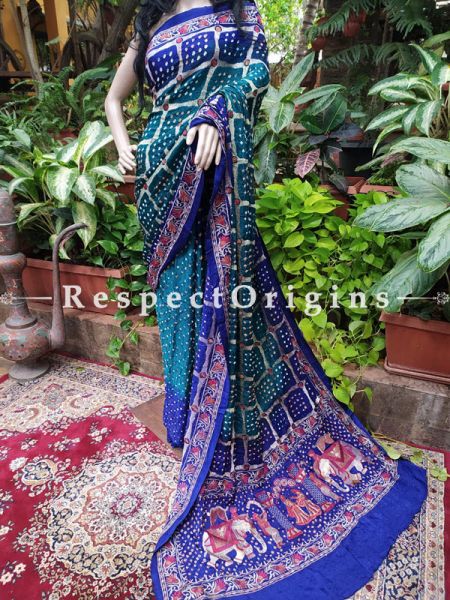 Green with Royal Blue Gaji Bandhej Handloom Silk Saree with Running Blouse; com