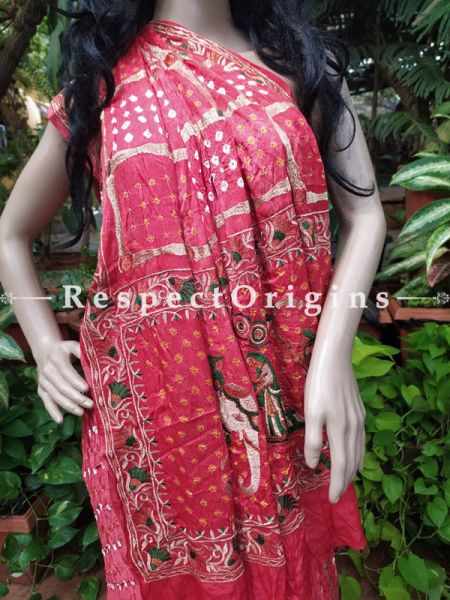 Handmade Gaji Silk Saree Bandhej; Red; with Running Blouse; com