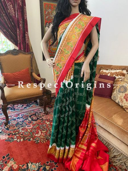Stunning Green with Red Border Handloom Bandhej Tye and Dye Georgette Saree with Running Blouse; u602075863_New_db.com