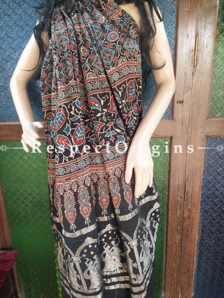 Lovely Ajrakh Block- print on Bandhani Modal Silk Saree Green With Black Pallu; Blouse Included; u602075863_New_db.com