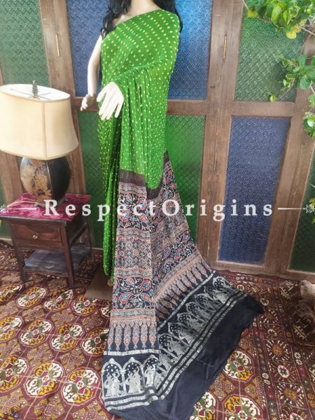 Lovely Ajrakh Block- print on Bandhani Modal Silk Saree Green With Black Pallu; Blouse Included; u602075863_New_db.com