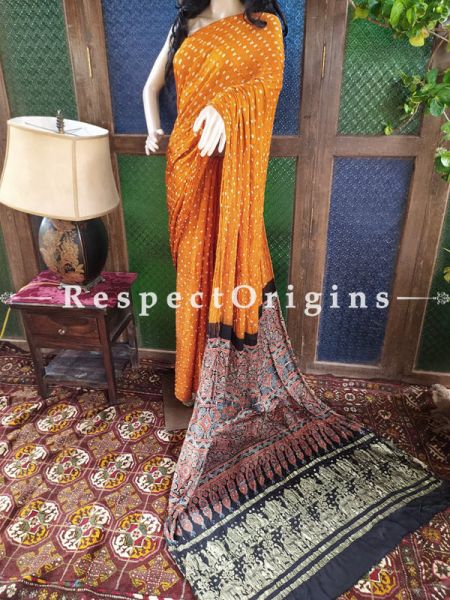 Exuberant Ajrakh Block- print on Bandhani Modal Silk Saree Orange With Black Pallu; Blouse Included; u602075863_New_db.com