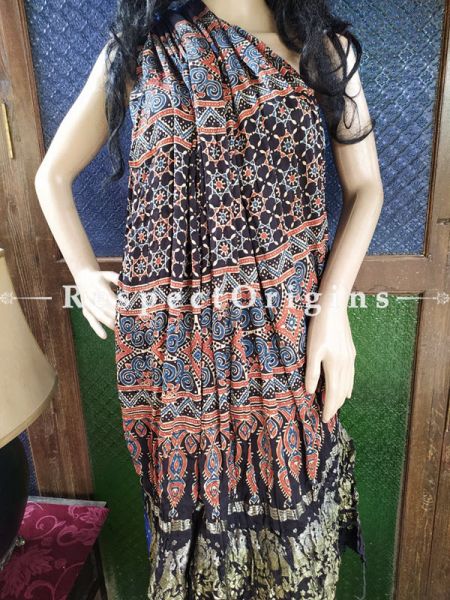 Magnificent Ajrakh Block- print on Bandhani Modal Silk Saree Blue With Black Pallu; Blouse Included; u602075863_New_db.com