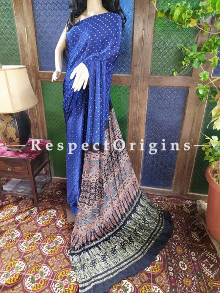 Magnificent Ajrakh Block- print on Bandhani Modal Silk Saree Blue With Black Pallu; Blouse Included; u602075863_New_db.com