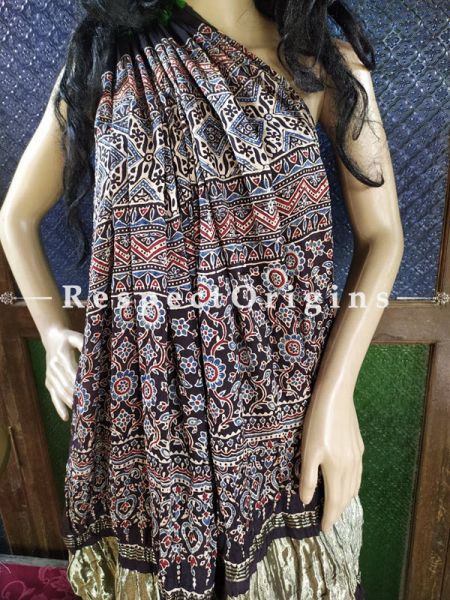 Beautiful Ajrakh Block- print on Bandhani Modal Silk Saree Green With Black & Gold Zari Pallu; Blouse Included; u602075863_New_db.com