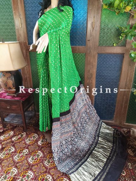 Beautiful Ajrakh Block- print on Bandhani Modal Silk Saree Green With Black & Gold Zari Pallu; Blouse Included; u602075863_New_db.com