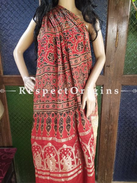 Stunning Ajrakh Block- print on Bandhani Modal Silk Saree Brow With Red and Gold Zari Pallu; Blouse Included; u602075863_New_db.com