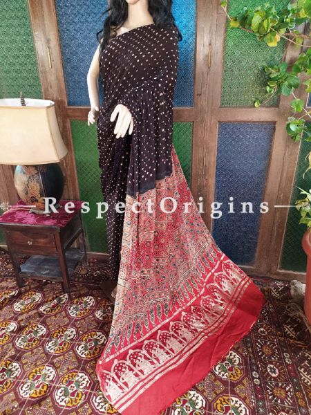 Elegant Ajrakh Block- print on Bandhani Modal Silk Saree Red; Blouse Included; u602075863_New_db.com