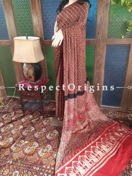 Stunning Ajrakh Block- print on Bandhani Modal Silk Saree Brow With Red and Gold Zari Pallu; Blouse Included; u602075863_New_db.com