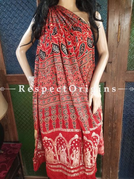 Ajrakh Block- print on Bandhani Modal Silk Saree Black With Red and Gold Zari Pallu; Blouse Included; u602075863_New_db.com