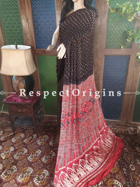 Ajrakh Block- print on Bandhani Modal Silk Saree Black With Red and Gold Zari Pallu; Blouse Included; u602075863_New_db.com