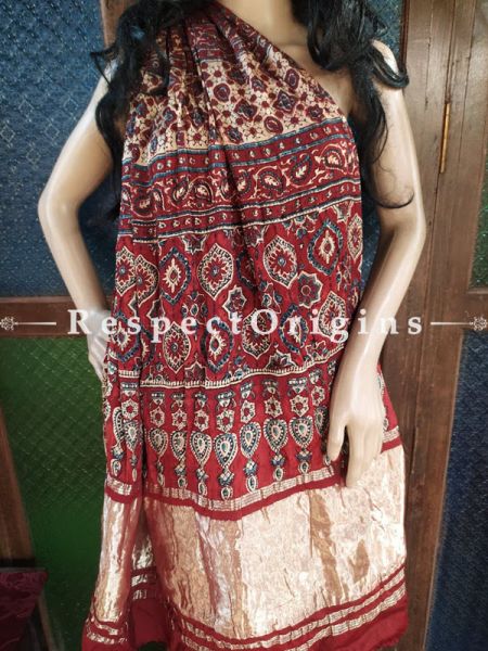 Magnificent Ajrakh Block- print on Bandhani Modal Silk Saree Brown With Red and Gold Zari Pallu; Blouse Included; u602075863_New_db.com