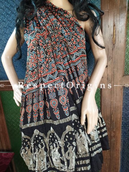 Splendid Ajrakh Block- print on Bandhani Modal Silk Saree Blue With Black Pallu; Blouse Included; u602075863_New_db.com