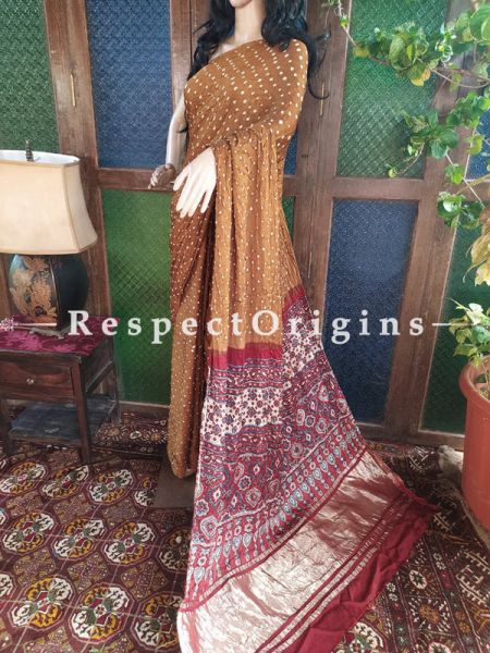 Magnificent Ajrakh Block- print on Bandhani Modal Silk Saree Brown With Red and Gold Zari Pallu; Blouse Included; u602075863_New_db.com