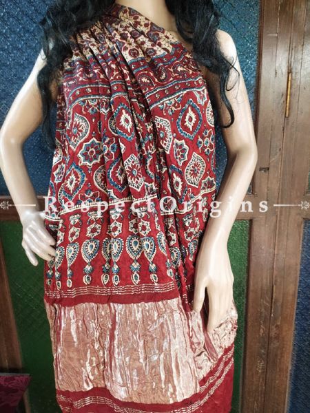 Ajrakh Block- print on Bandhani Modal Silk Saree Green With Red and Gold Zari Pallu; Blouse Included; u602075863_New_db.com