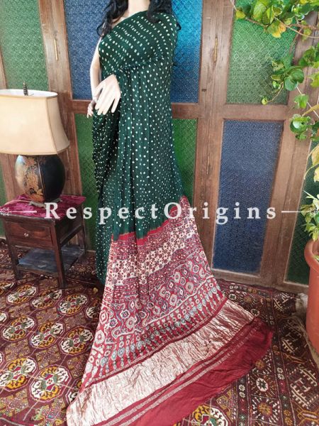 Ajrakh Block- print on Bandhani Modal Silk Saree Green With Red and Gold Zari Pallu; Blouse Included; u602075863_New_db.com
