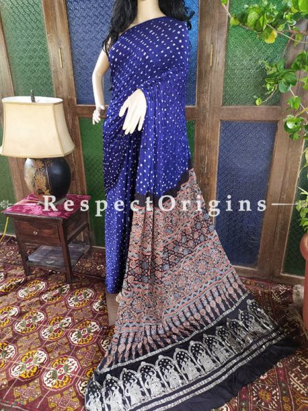 Splendid Ajrakh Block- print on Bandhani Modal Silk Saree Blue With Black Pallu; Blouse Included; u602075863_New_db.com