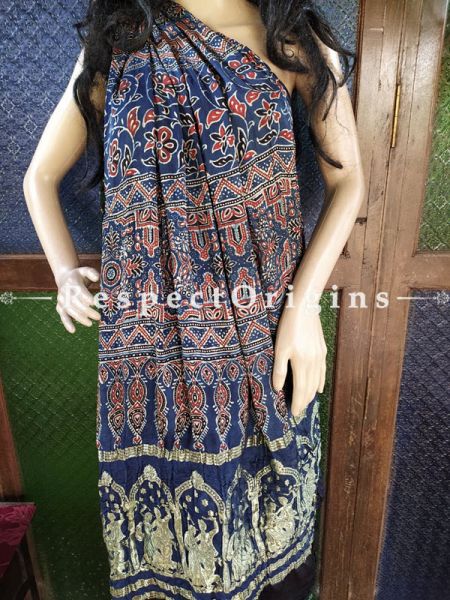 Stunning Ajrakh Block- print on Bandhani Modal Silk Saree Green With Blue & Black Pallu; Blouse Included; u602075863_New_db.com