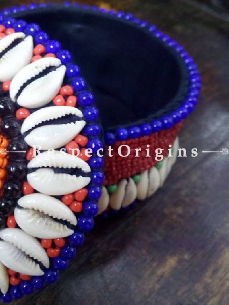 Blue, orange and red Jewellery Box With Beads and Sea Shells; Ladakhi Beaded Container; u602075863_New_db.com