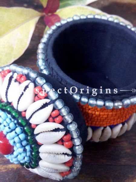 Blue, red and orange Jewellery Box With Beads and Sea Shells; Ladakhi Beaded Container; u602075863_New_db.com