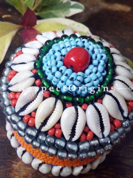 Blue, red and orange Jewellery Box With Beads and Sea Shells; Ladakhi Beaded Container; u602075863_New_db.com