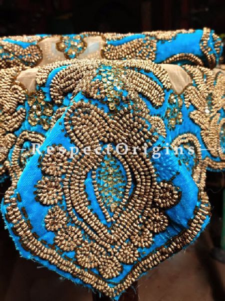 Buy Square Table Cover, Beige Net and Striking Blue Velvet with beadwork. 39x39 in At u602075863_New_db.com