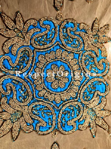 Buy Square Table Cover, Beige Net and Striking Blue Velvet with beadwork. 39x39 in At u602075863_New_db.com