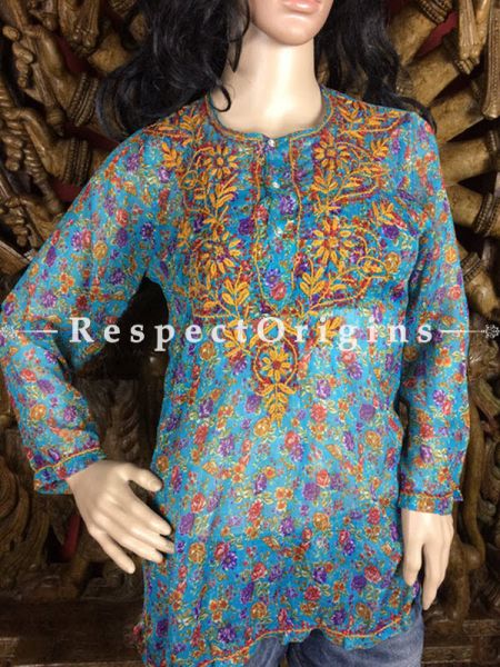 Blue base light breezy ladies chiffon Kurtis with Lucknow chikankari embroidery in floral motifs; com