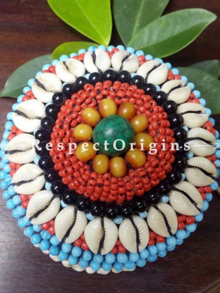 Blue, red and black Jewellery Box With Beads and Sea Shells; Ladakhi Beaded Container; u602075863_New_db.com
