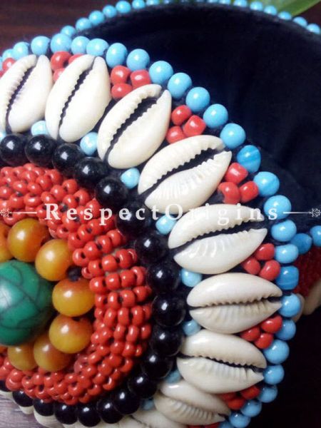 Blue, red and black Jewellery Box With Beads and Sea Shells; Ladakhi Beaded Container; u602075863_New_db.com