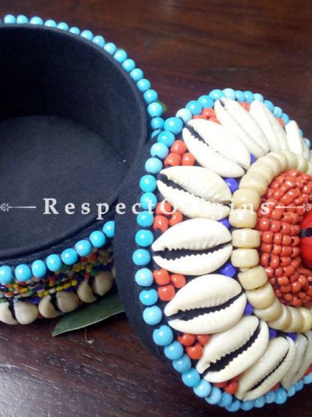 Blue and red Jewellery Box With Beads and Sea Shells; Ladakhi Beaded Container; u602075863_New_db.com