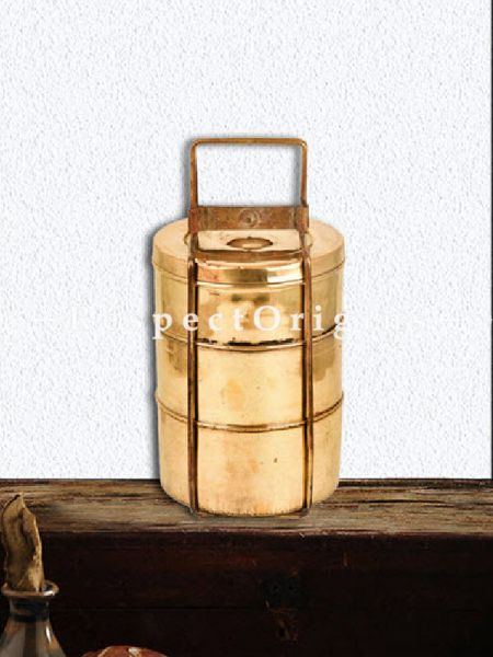 Buy Adorable Antique Brass Picnic or Tiffin Carrier; 3 boxes & a detachable holder and lock At u602075863_New_db.com