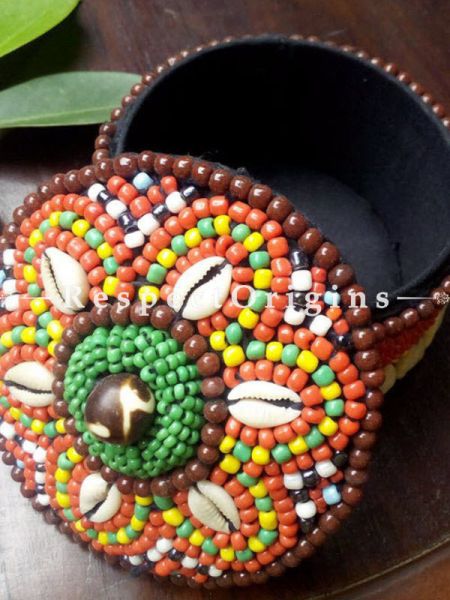 Brown, orange and green Jewellery Box With Beads and Sea Shells; Ladakhi Beaded Container; Multi Colored; u602075863_New_db.com