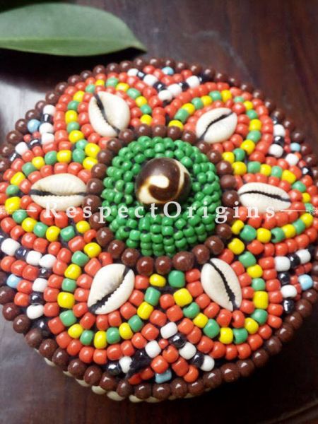 Brown, orange and green Jewellery Box With Beads and Sea Shells; Ladakhi Beaded Container; Multi Colored; u602075863_New_db.com