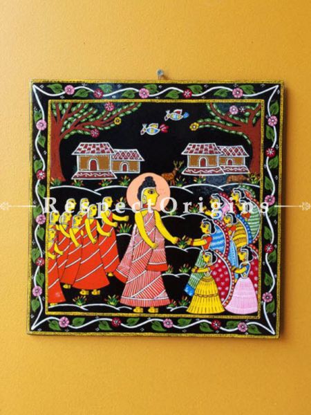 Buy Buddha Sermon; Square Tikuli Art Hand Painted Folk Wall Art; Wood; 12x12 in At u602075863_New_db.com
