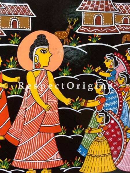 Buy Buddha Sermon; Square Tikuli Art Hand Painted Folk Wall Art; Wood; 12x12 in At u602075863_New_db.com